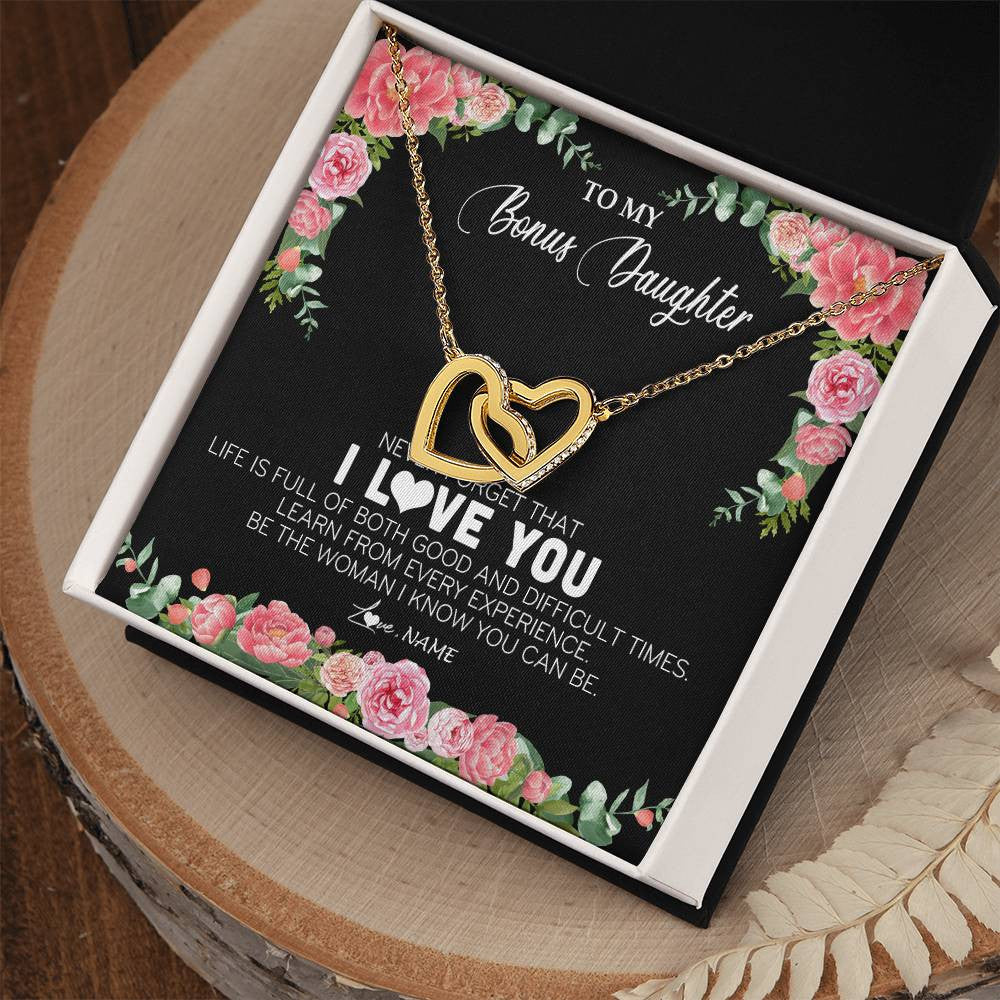 Interlocking Hearts Necklace 18K Yellow Gold Finish | Personalized To My Bonus Daughter Necklace from Stepmother Never Forget I Love You Floral Jewelry for Stepdaughter Birthday Christmas Customized Message Card | teecentury