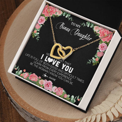 Interlocking Hearts Necklace 18K Yellow Gold Finish | Personalized To My Bonus Daughter Necklace from Stepmother Never Forget I Love You Floral Jewelry for Stepdaughter Birthday Christmas Customized Message Card | teecentury