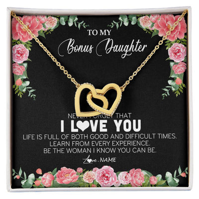 Interlocking Hearts Necklace 18K Yellow Gold Finish | Personalized To My Bonus Daughter Necklace from Stepmother Never Forget I Love You Floral Jewelry for Stepdaughter Birthday Christmas Customized Message Card | teecentury