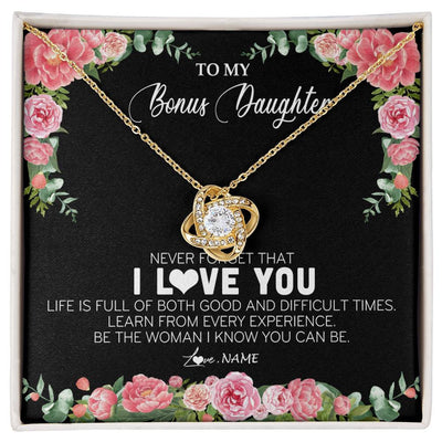 Love Knot Necklace 18K Yellow Gold Finish | Personalized To My Bonus Daughter Necklace from Stepmother Never Forget I Love You Floral Jewelry for Stepdaughter Birthday Christmas Customized Message Card | teecentury