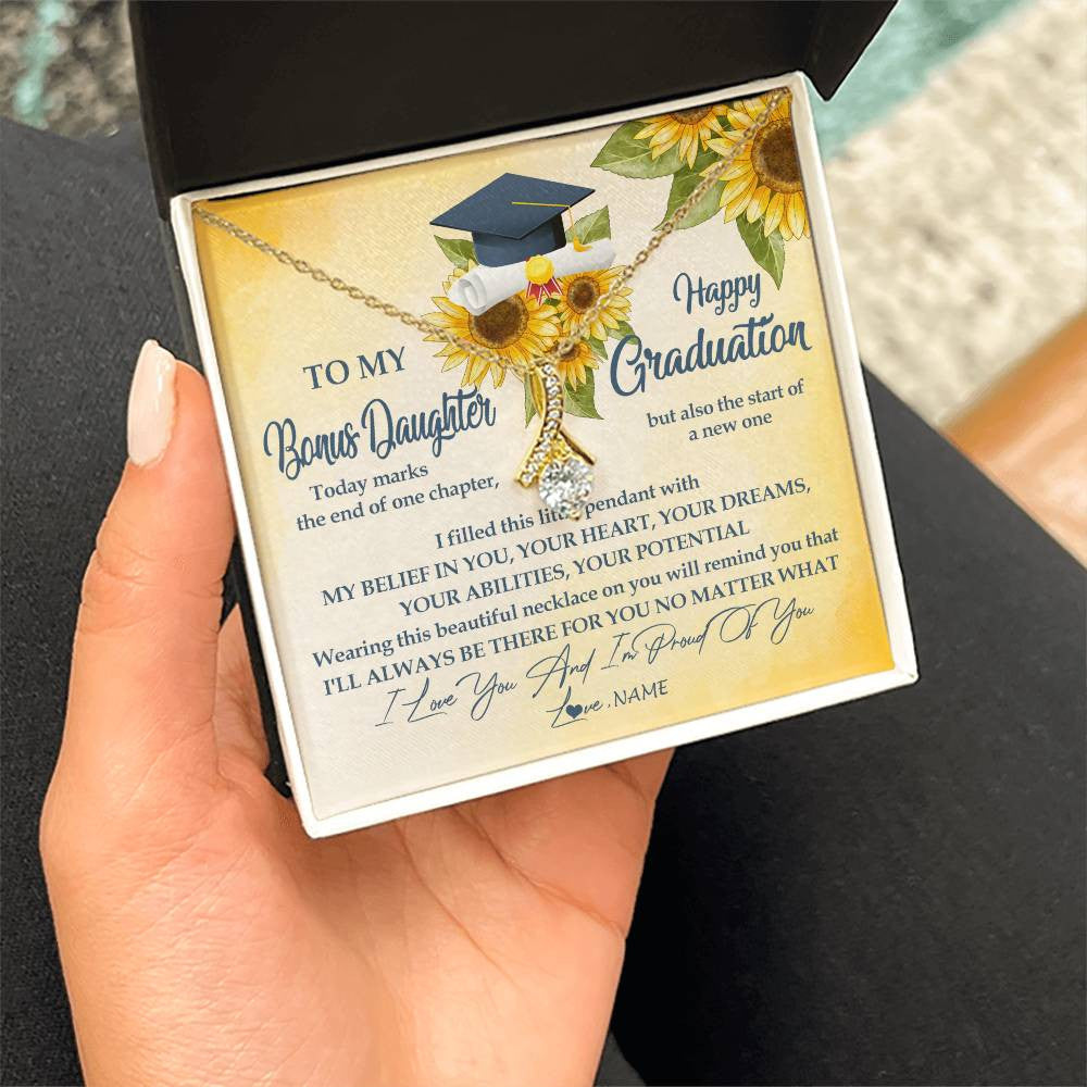 Alluring Beauty Necklace 18K Yellow Gold Finish | Personalized To My Bonus Daughter On Her Graduation Day Necklace Flower I Love You I'm Proud Of You Class of 2023 Daughter Jewelry Customized Gift Box Message Card | teecentury