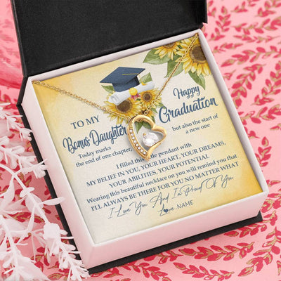 Forever Love Necklace 18K Yellow Gold Finish | Personalized To My Bonus Daughter On Her Graduation Day Necklace Flower I Love You I'm Proud Of You Class of 2023 Daughter Jewelry Customized Gift Box Message Card | teecentury