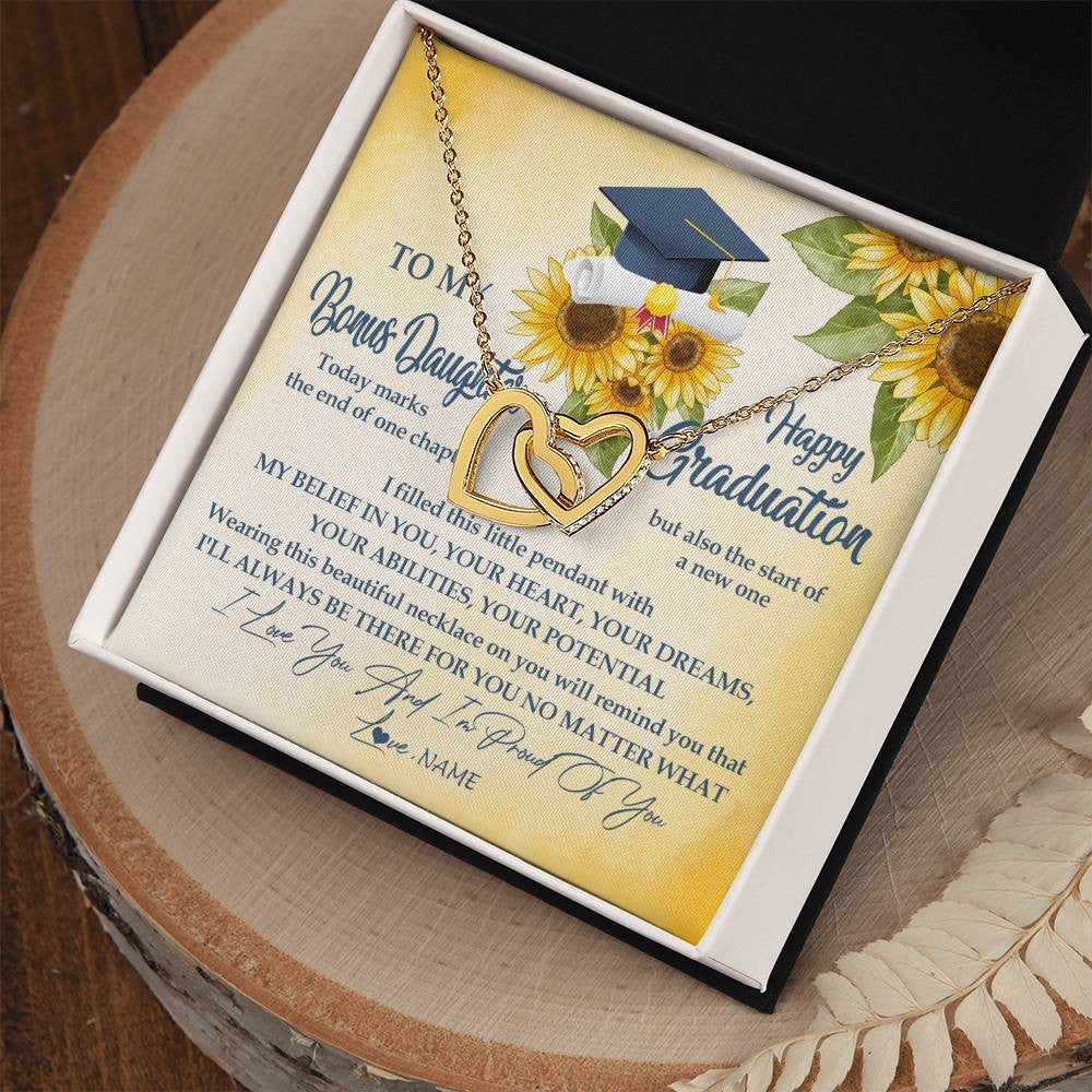 Interlocking Hearts Necklace 18K Yellow Gold Finish | Personalized To My Bonus Daughter On Her Graduation Day Necklace Flower I Love You I'm Proud Of You Class of 2023 Daughter Jewelry Customized Gift Box Message Card | teecentury