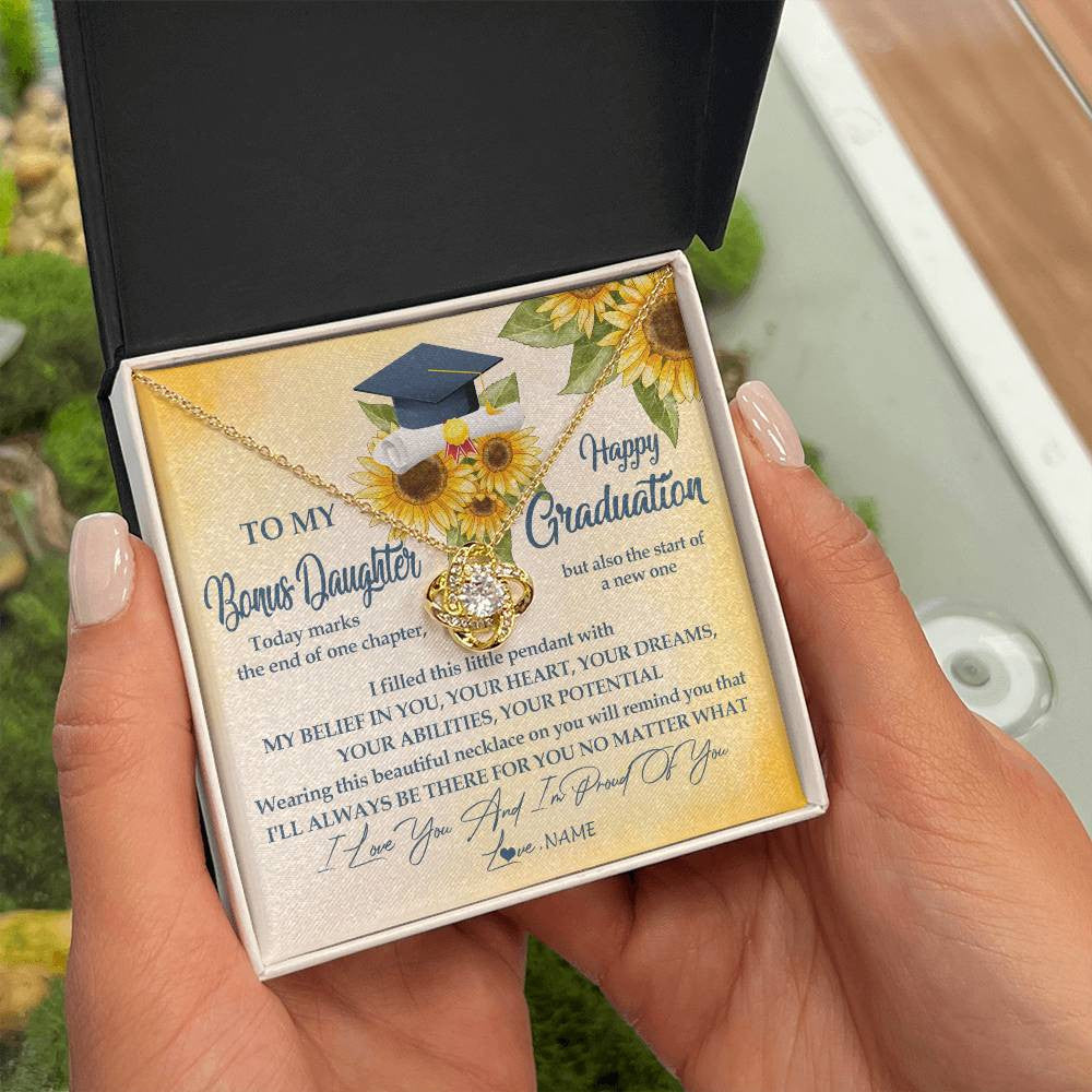 Love Knot Necklace 18K Yellow Gold Finish | Personalized To My Bonus Daughter On Her Graduation Day Necklace Flower I Love You I'm Proud Of You Class of 2023 Daughter Jewelry Customized Gift Box Message Card | teecentury