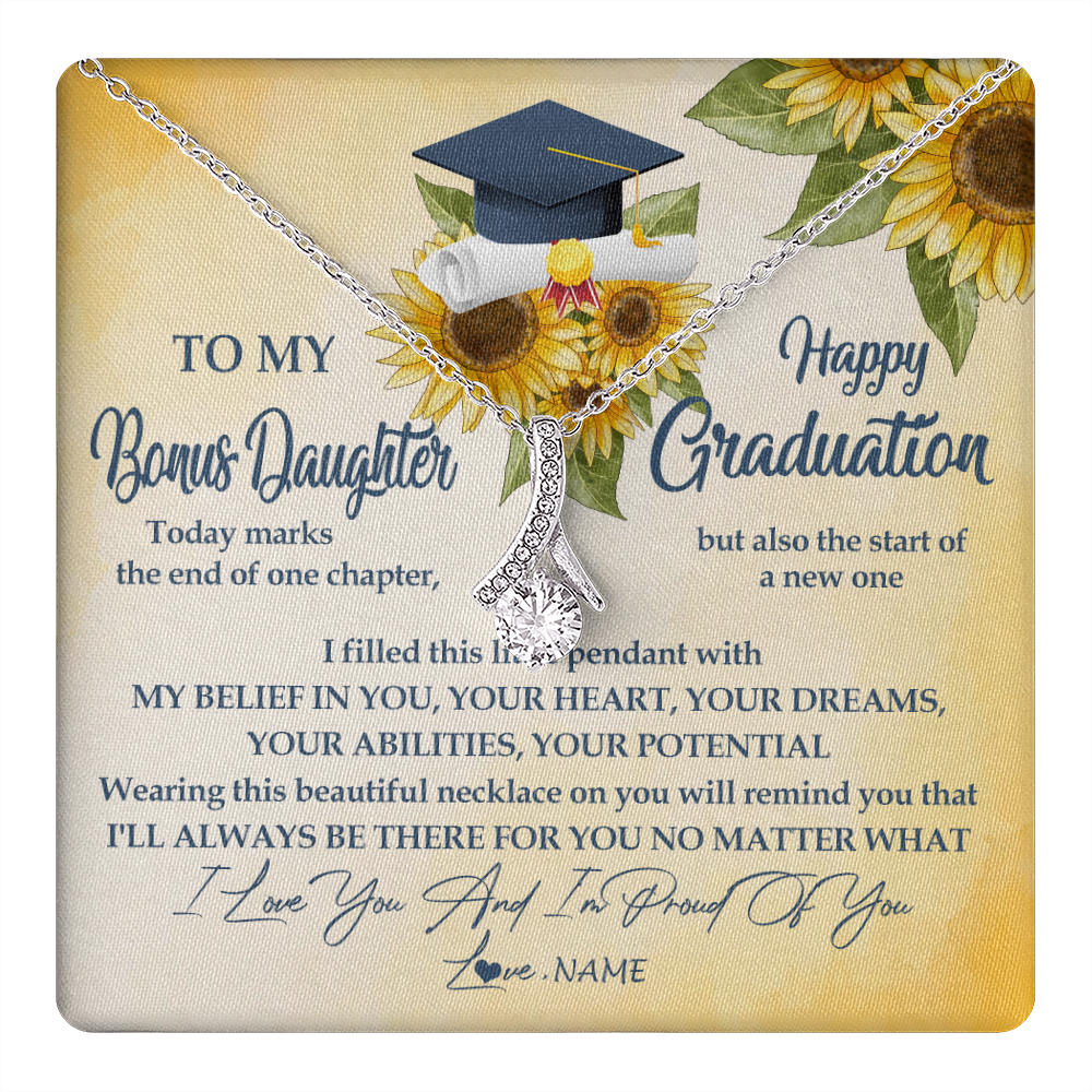 Alluring Beauty Necklace 14K White Gold Finish | 1 | Personalized To My Bonus Daughter On Her Graduation Day Necklace Flower I Love You I'm Proud Of You Class of 2024 Daughter Jewelry Customized Gift Box Message Card | teecentury