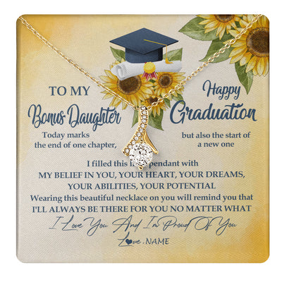 Alluring Beauty Necklace 18K Yellow Gold Finish | 1 | Personalized To My Bonus Daughter On Her Graduation Day Necklace Flower I Love You I'm Proud Of You Class of 2024 Daughter Jewelry Customized Gift Box Message Card | teecentury
