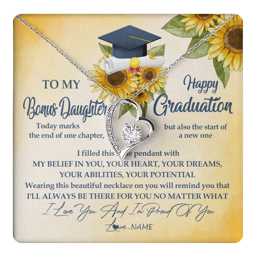 Forever Love Necklace 14K White Gold Finish | 1 | Personalized To My Bonus Daughter On Her Graduation Day Necklace Flower I Love You I'm Proud Of You Class of 2024 Daughter Jewelry Customized Gift Box Message Card | teecentury