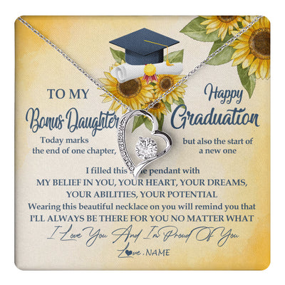 Forever Love Necklace 14K White Gold Finish | 1 | Personalized To My Bonus Daughter On Her Graduation Day Necklace Flower I Love You I'm Proud Of You Class of 2024 Daughter Jewelry Customized Gift Box Message Card | teecentury