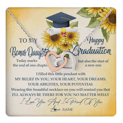 Interlocking Hearts Necklace Stainless Steel & Rose Gold Finish | 1 | Personalized To My Bonus Daughter On Her Graduation Day Necklace Flower I Love You I'm Proud Of You Class of 2024 Daughter Jewelry Customized Gift Box Message Card | teecentury