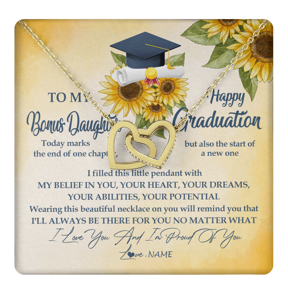 Interlocking Hearts Necklace 18K Yellow Gold Finish | 1 | Personalized To My Bonus Daughter On Her Graduation Day Necklace Flower I Love You I'm Proud Of You Class of 2024 Daughter Jewelry Customized Gift Box Message Card | teecentury