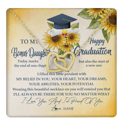 Interlocking Hearts Necklace 18K Yellow Gold Finish | 1 | Personalized To My Bonus Daughter On Her Graduation Day Necklace Flower I Love You I'm Proud Of You Class of 2024 Daughter Jewelry Customized Gift Box Message Card | teecentury