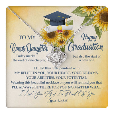 Love Knot Necklace 14K White Gold Finish | 1 | Personalized To My Bonus Daughter On Her Graduation Day Necklace Flower I Love You I'm Proud Of You Class of 2024 Daughter Jewelry Customized Gift Box Message Card | teecentury