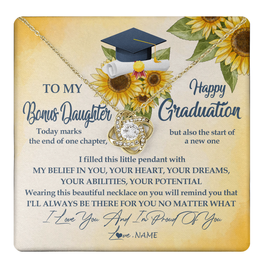 Love Knot Necklace 18K Yellow Gold Finish | 1 | Personalized To My Bonus Daughter On Her Graduation Day Necklace Flower I Love You I'm Proud Of You Class of 2024 Daughter Jewelry Customized Gift Box Message Card | teecentury