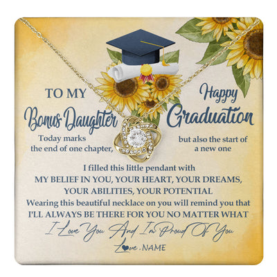 Love Knot Necklace 18K Yellow Gold Finish | 1 | Personalized To My Bonus Daughter On Her Graduation Day Necklace Flower I Love You I'm Proud Of You Class of 2024 Daughter Jewelry Customized Gift Box Message Card | teecentury
