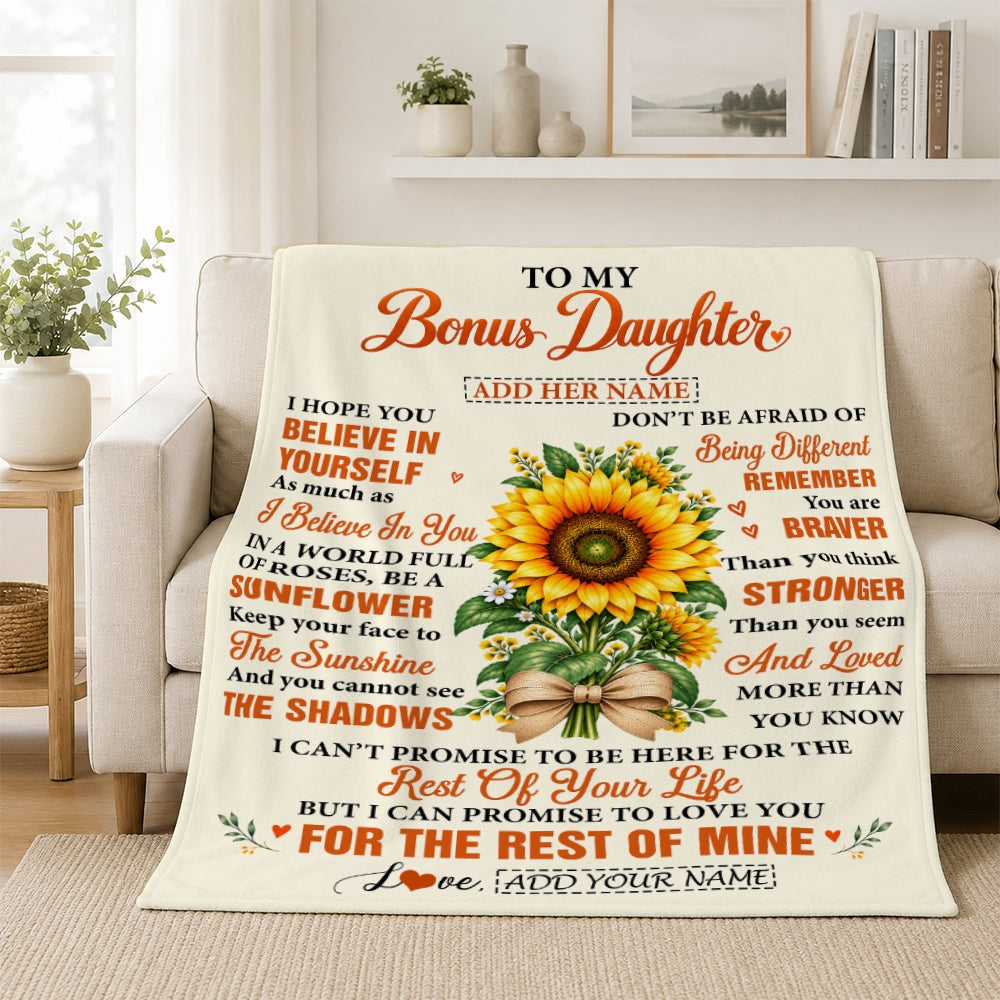 Personalized To My Bonus Daughter Sunflower From Step Mom Stepdad Blanket Inspirational Birthday Idea Stepdaughter Gift Graduation Christmas Fleece Blanket | teecentury