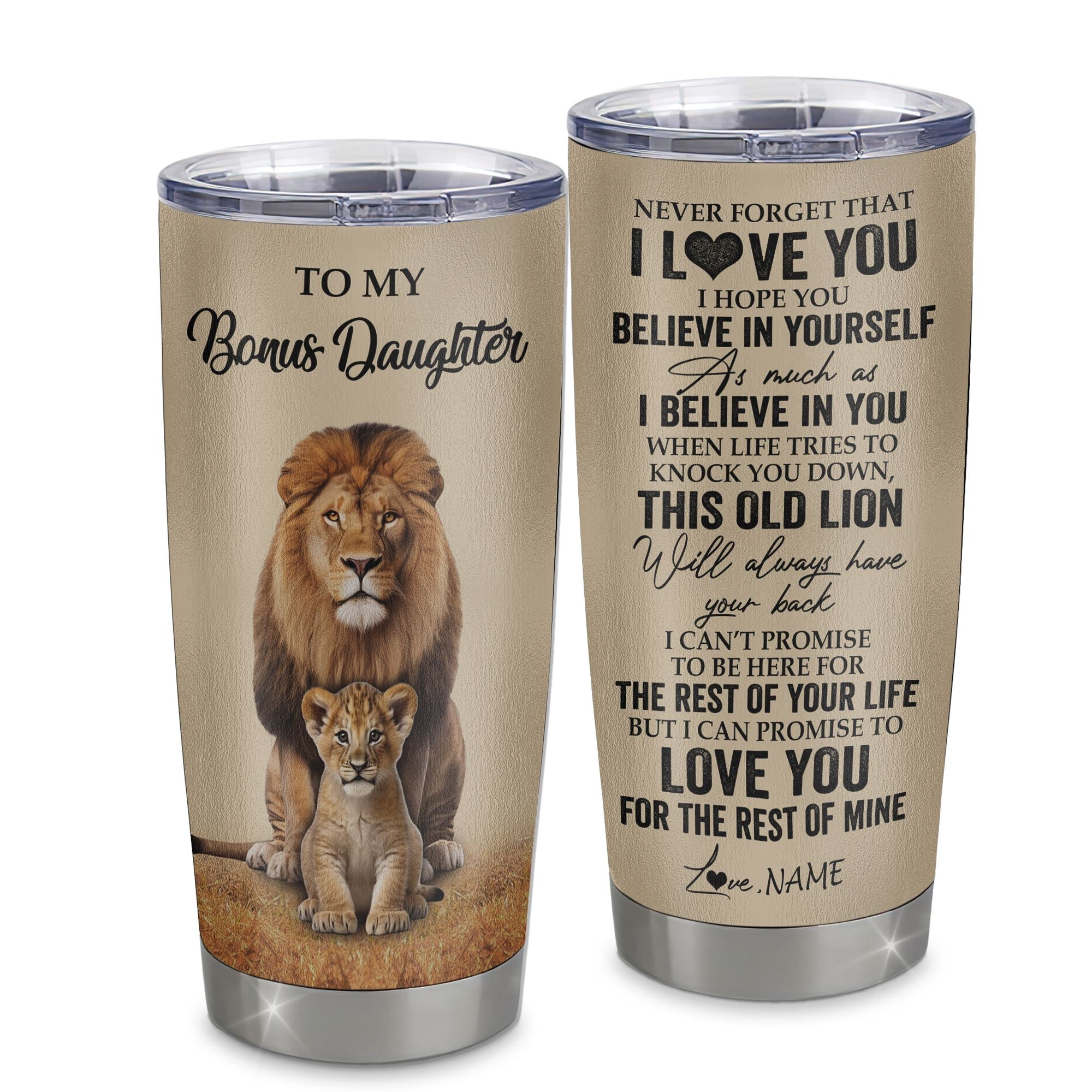 Personalized To My Bonus Daughter Tumbler From Stepdad Lion Stainless Steel Cup Never Forget That I Love You Stepdaughter Birthday Gifts Christmas Custom Travel Mug | teecentury