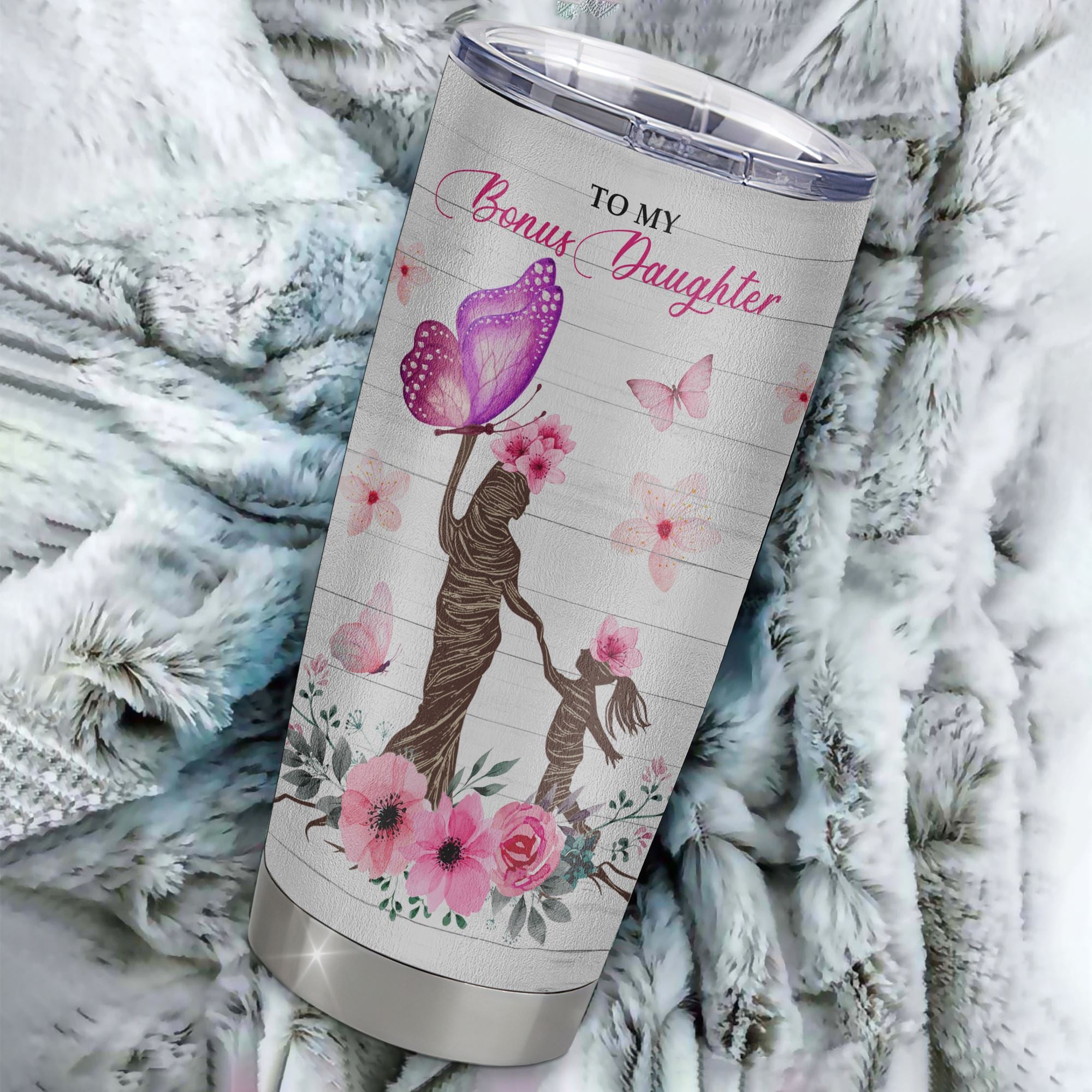 Personalized To My Bonus Daughter Tumbler From Stepmom Stainless Steel Cup Wherever Your Journey Tree Butterfly Stepdaughter Birthday Christmas Travel Mug | teecentury