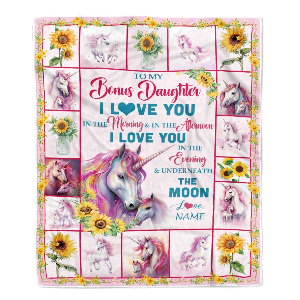 Personalized To My Bonus Daughter Unicorn Blanket From Step Mom Mother Never Forget I Love You Stepdaughter Birthday Christmas Customized Bed Fleece Blanket | teecentury