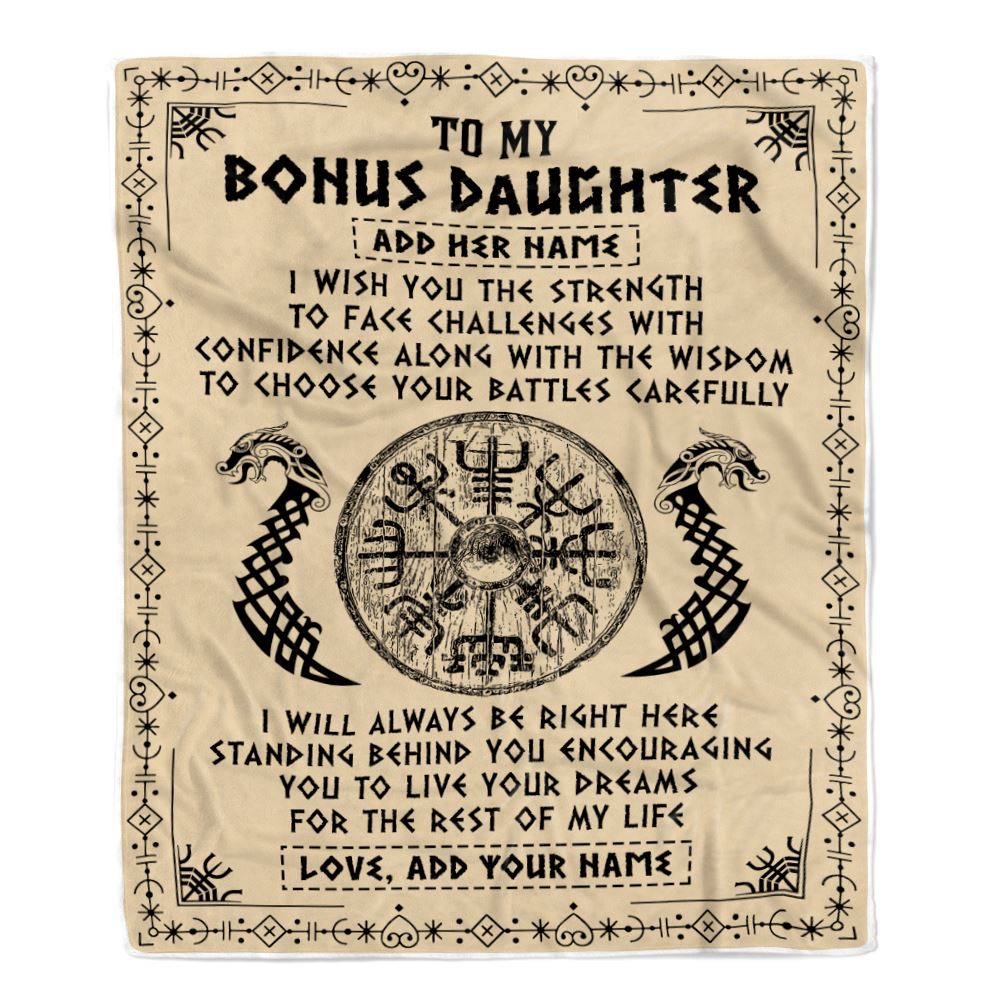 Personalized To My Bonus Daughter Viking Blanket From Stepmother Dad I Wish You The Strength Scandinavian Norse Runes Viking For Women Birthday Fleece Blanket | teecentury