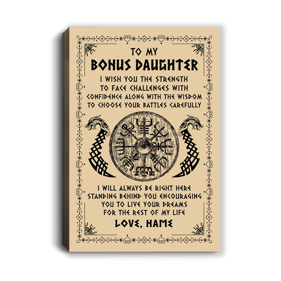 Personalized To My Bonus Daughter Viking Canvas I Wish You The Strength Scandinavian Norse Runes Viking For Women Birthday Gifts Custom Wall Art Print Framed Canvas | teecentury