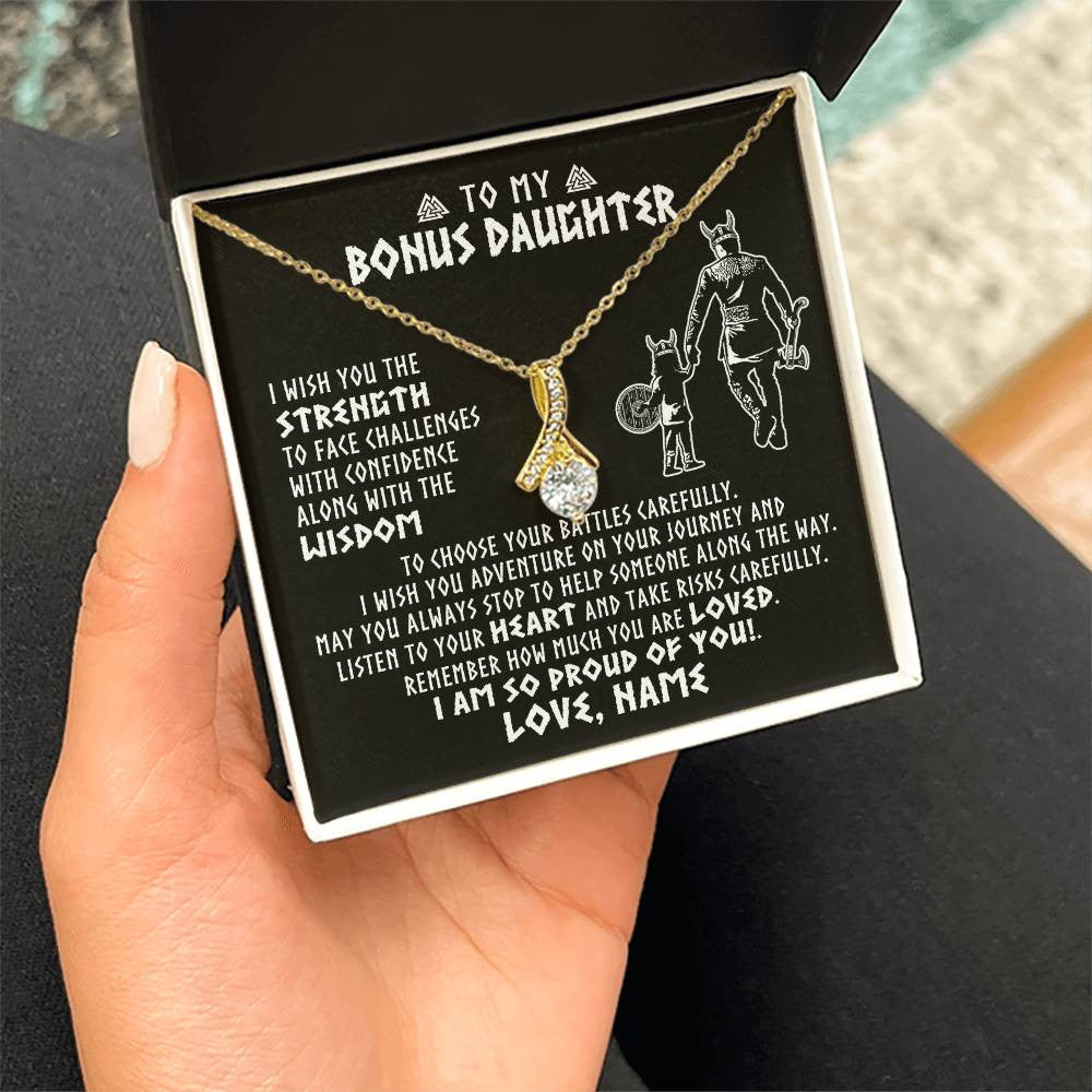 Alluring Beauty Necklace 18K Yellow Gold Finish | 2 | Personalized To My Bonus Daughter Viking Necklace From Stepdad I Am So Proud Of You Runes Viking Stepdaughter Christmas Customized Gift Box Message Card | teecentury