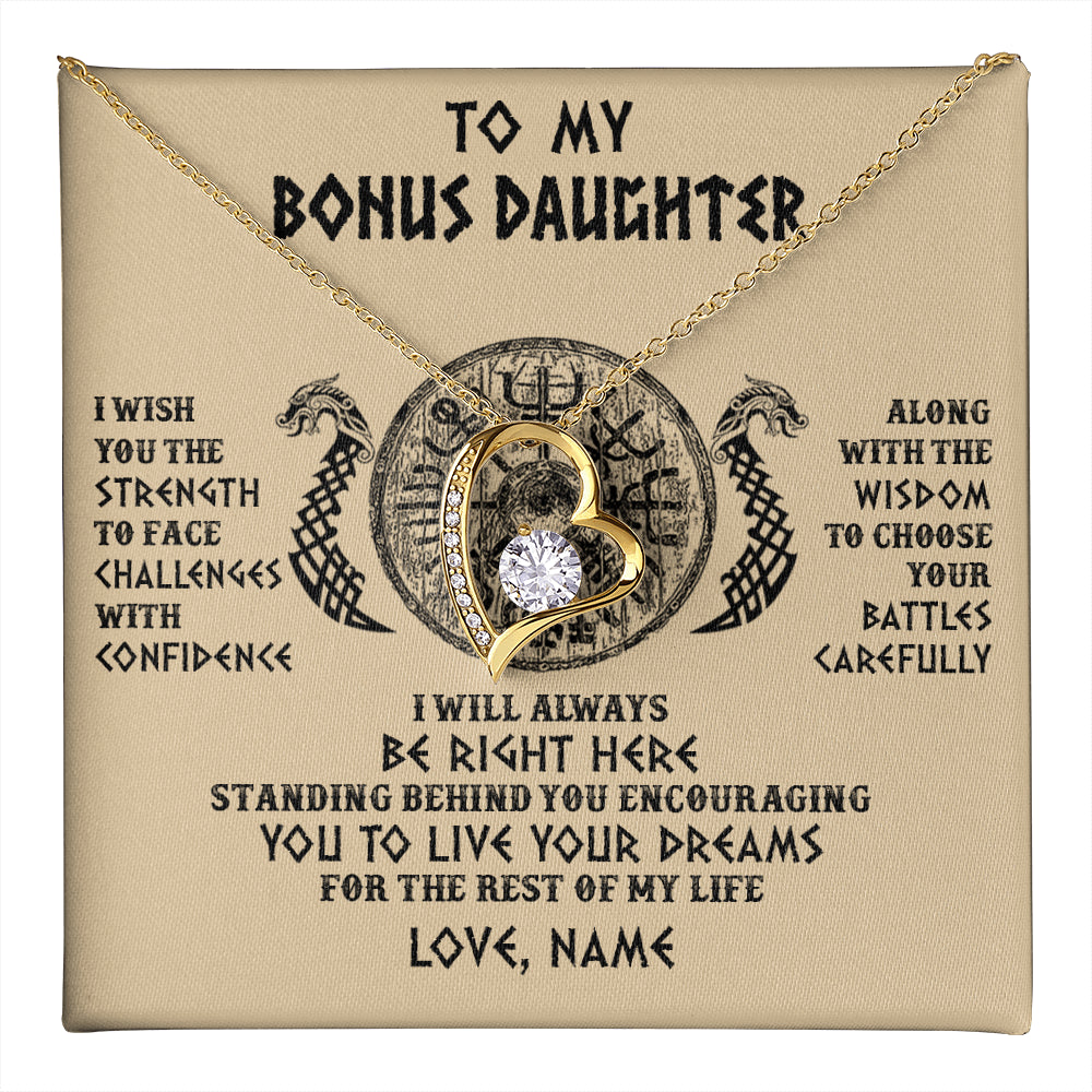 Forever Love Necklace 18K Yellow Gold Finish | 1 | Personalized To My Bonus Daughter Viking Necklace I Wish You The Strength Scandinavian Norse Runes Viking For Women Birthday Customized Gift Box Message Card | teecentury