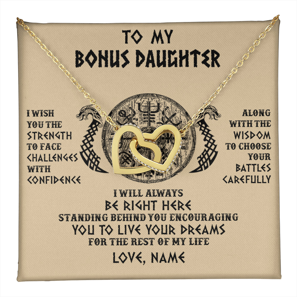 Interlocking Hearts Necklace 18K Yellow Gold Finish | 1 | Personalized To My Bonus Daughter Viking Necklace I Wish You The Strength Scandinavian Norse Runes Viking For Women Birthday Customized Gift Box Message Card | teecentury