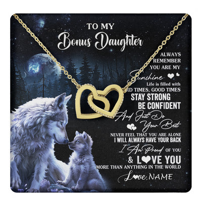 Interlocking Hearts Necklace 18K Yellow Gold Finish | 1 | Personalized To My Bonus Daughter Wolf Necklace From Stepmom Stepdad Always Remember Stepdaughter Birthday Christmas Customized Gift Box Message Card | teecentury