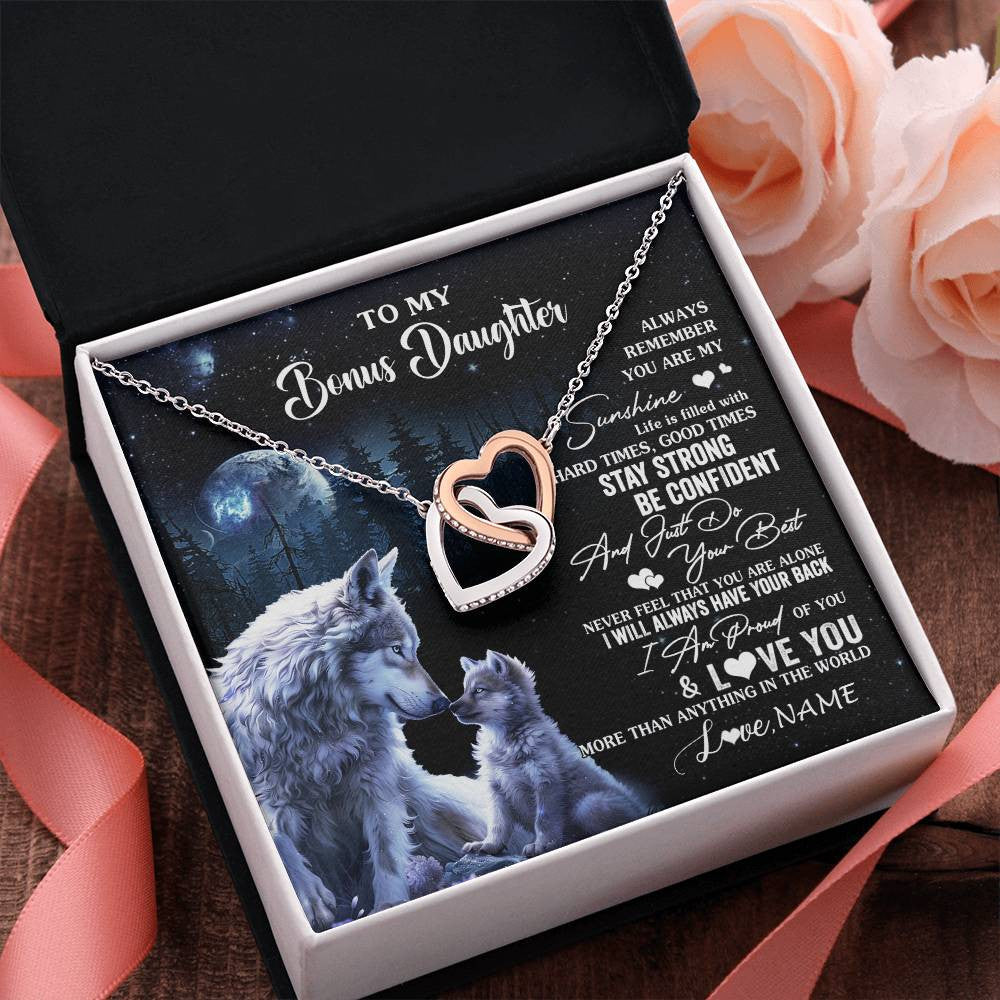 Interlocking Hearts Necklace Stainless Steel & Rose Gold Finish | 2 | Personalized To My Bonus Daughter Wolf Necklace From Stepmom Stepdad Always Remember Stepdaughter Birthday Christmas Customized Gift Box Message Card | teecentury