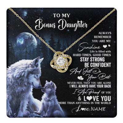 Love Knot Necklace 18K Yellow Gold Finish | 1 | Personalized To My Bonus Daughter Wolf Necklace From Stepmom Stepdad Always Remember Stepdaughter Birthday Christmas Customized Gift Box Message Card | teecentury