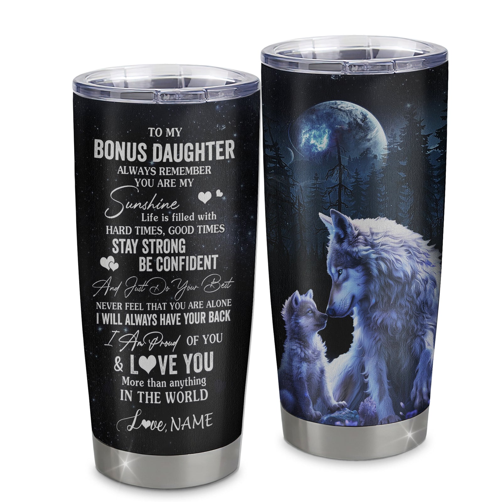 Personalized To My Bonus Daughter Wolf Tumbler From Stepmother Stainless Steel Cup Always Remember Stepdaughter Birthday Graduation Christmas Travel Mug | teecentury