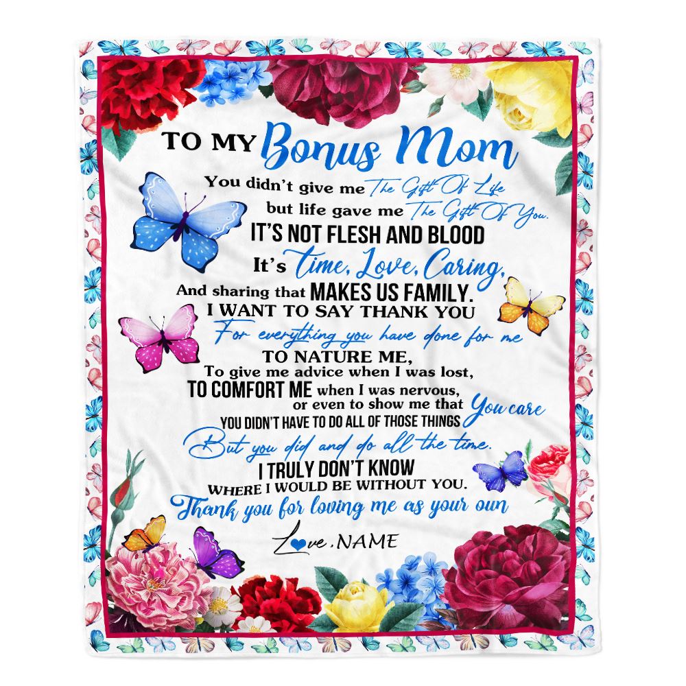 Personalized To My Bonus Mom Blanket From Daughter Son Thank You For Loving Me Stepmom Birthday Mothers Day Christmas Customized Bed Fleece Blanket | teecentury