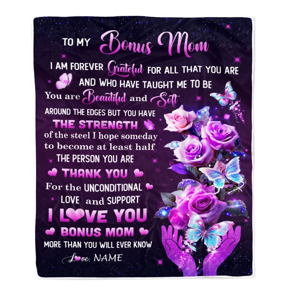Personalized To My Bonus Mom Blanket From Daughter Thank You For Love Butterfly Stepmom Birthday Mothers Day Christmas Customized Gift Fleece Throw Blanket | teecentury