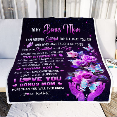 Personalized To My Bonus Mom Blanket From Daughter Thank You For Love Butterfly Stepmom Birthday Mothers Day Christmas Customized Gift Fleece Throw Blanket | teecentury