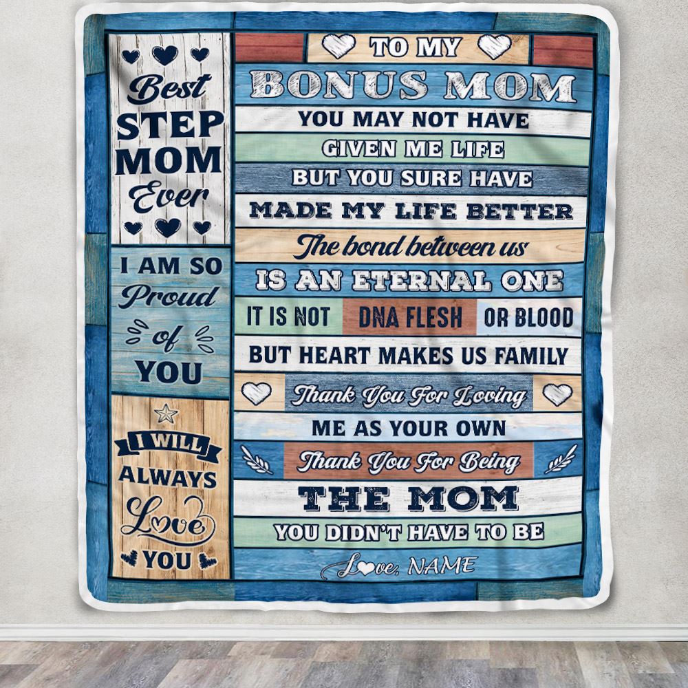 Personalized To My Bonus Mom Blanket From Step Daughter Son Wood Best Gifts For Great Stepmom Birthday Mothers Day Christmas Customized Fleece Throw Blanket | teecentury