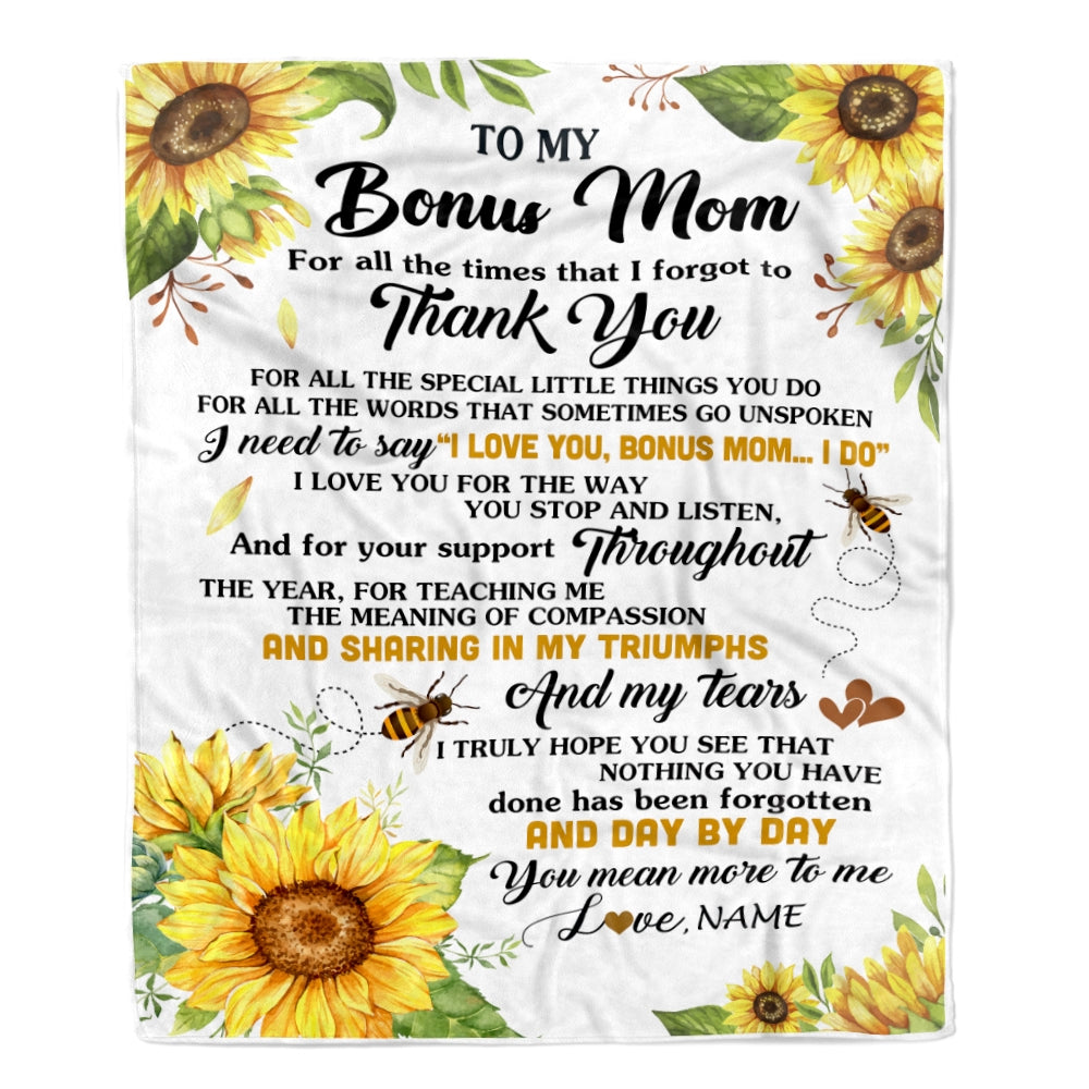 Personalized To My Bonus Mom Blanket From Step Daughter Sunflower Thank You I Love You Stepmom Birthday Mothers Day Christmas Customized Gift Fleece Blanket | teecentury