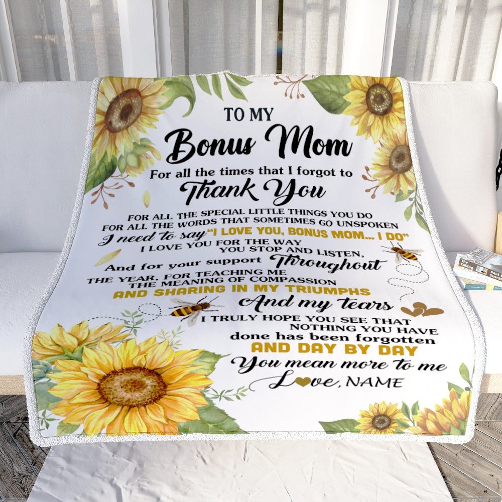 Personalized To My Bonus Mom Blanket From Step Daughter Sunflower Thank You I Love You Stepmom Birthday Mothers Day Christmas Customized Gift Fleece Blanket | teecentury
