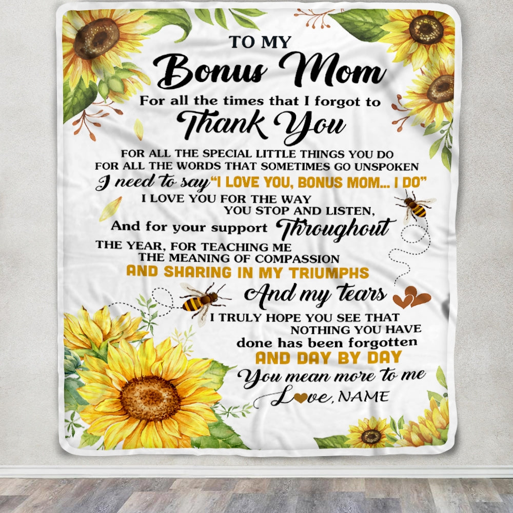 Personalized To My Bonus Mom Blanket From Step Daughter Sunflower Thank You I Love You Stepmom Birthday Mothers Day Christmas Customized Gift Fleece Blanket | teecentury