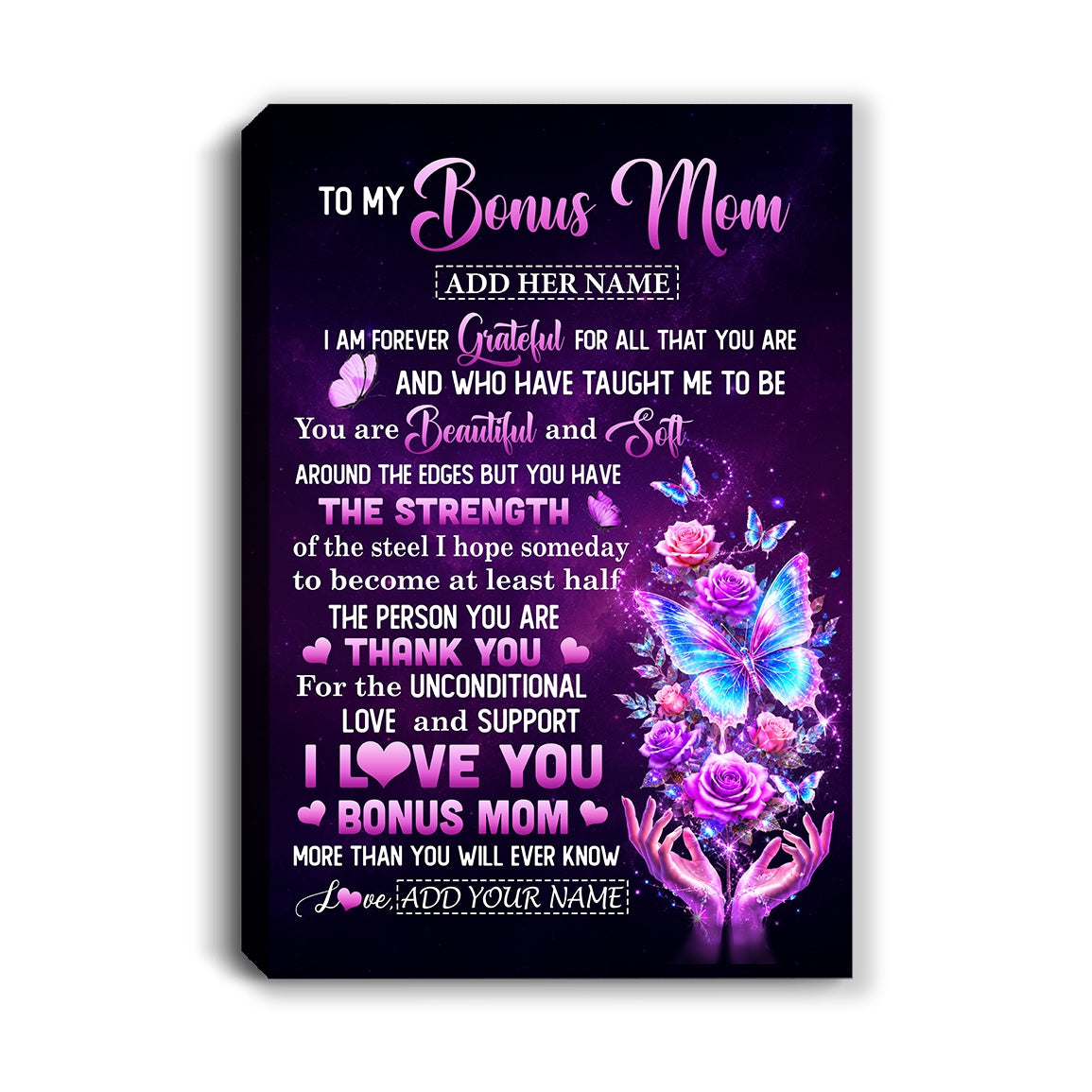 Personalized To My Bonus Mom Canvas From Daughter Thank You For Love Butterfly Stepmom Birthday Gifts Mothers Day Christmas Custom Wall Art Framed Canvas | teecentury