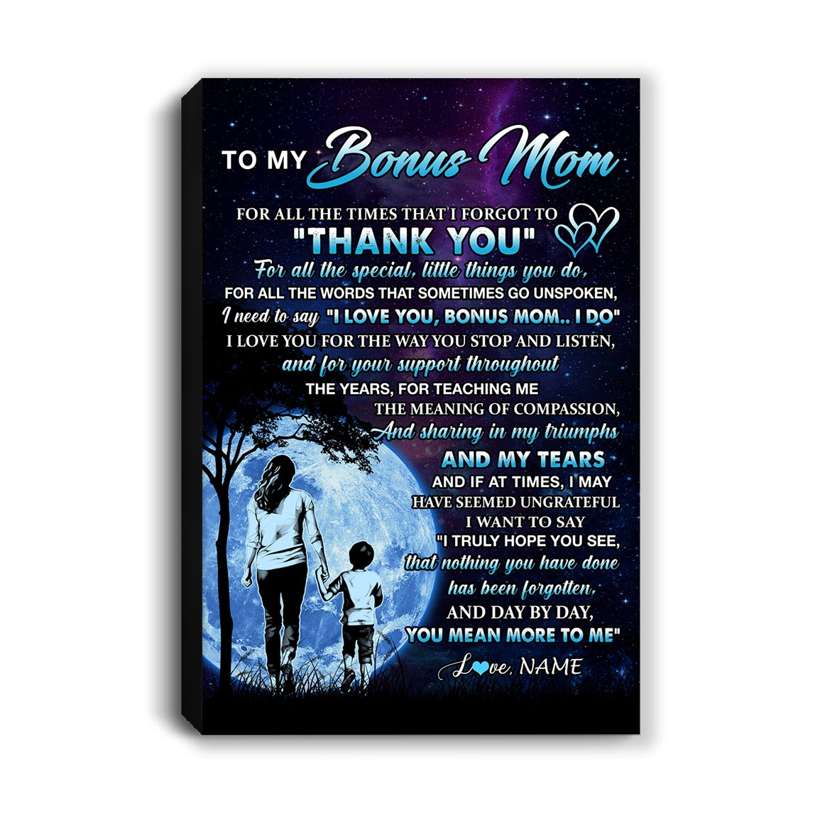 Personalized To My Bonus Mom Canvas From Stepson Thank You Day By Day Stepmom Birthday Mothers Day Thanksgiving Christmas Custom Wall Art Print Framed Canvas | teecentury