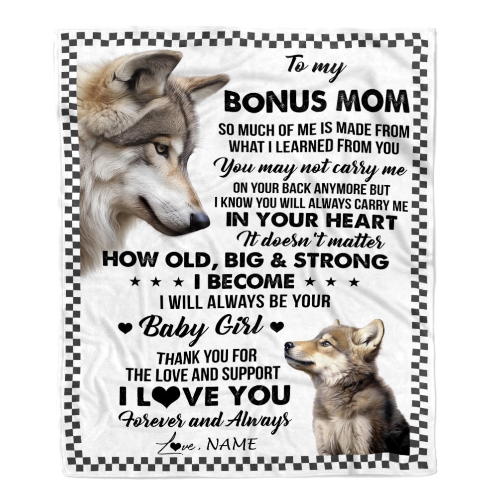 Personalized To My Bonus Mom From Step Daughter Blanket Wolf Always Be Your Little Girl Stepmom Mothers Day Birthday Christmas Gift Customized Fleece Blanket | teecentury
