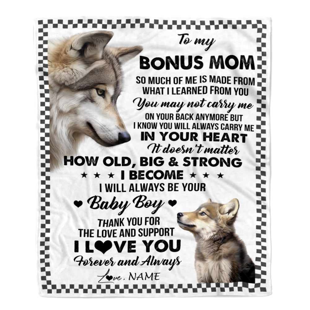 Personalized To My Bonus Mom From Step Son Blanket Wolf Always Be Your Little Boy Stepmom Mothers Day Birthday Christmas Gift Customized Fleece Throw Blanket | teecentury