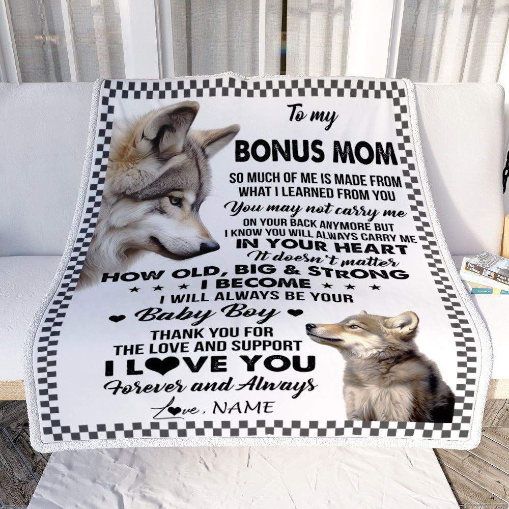 Personalized To My Bonus Mom From Step Son Blanket Wolf Always Be Your Little Boy Stepmom Mothers Day Birthday Christmas Gift Customized Fleece Throw Blanket | teecentury