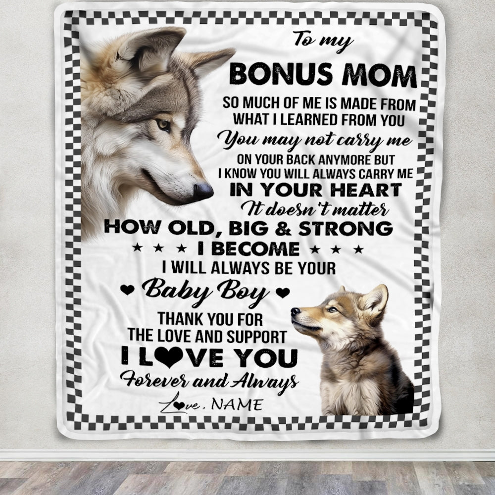Personalized To My Bonus Mom From Step Son Blanket Wolf Always Be Your Little Boy Stepmom Mothers Day Birthday Christmas Gift Customized Fleece Throw Blanket | teecentury