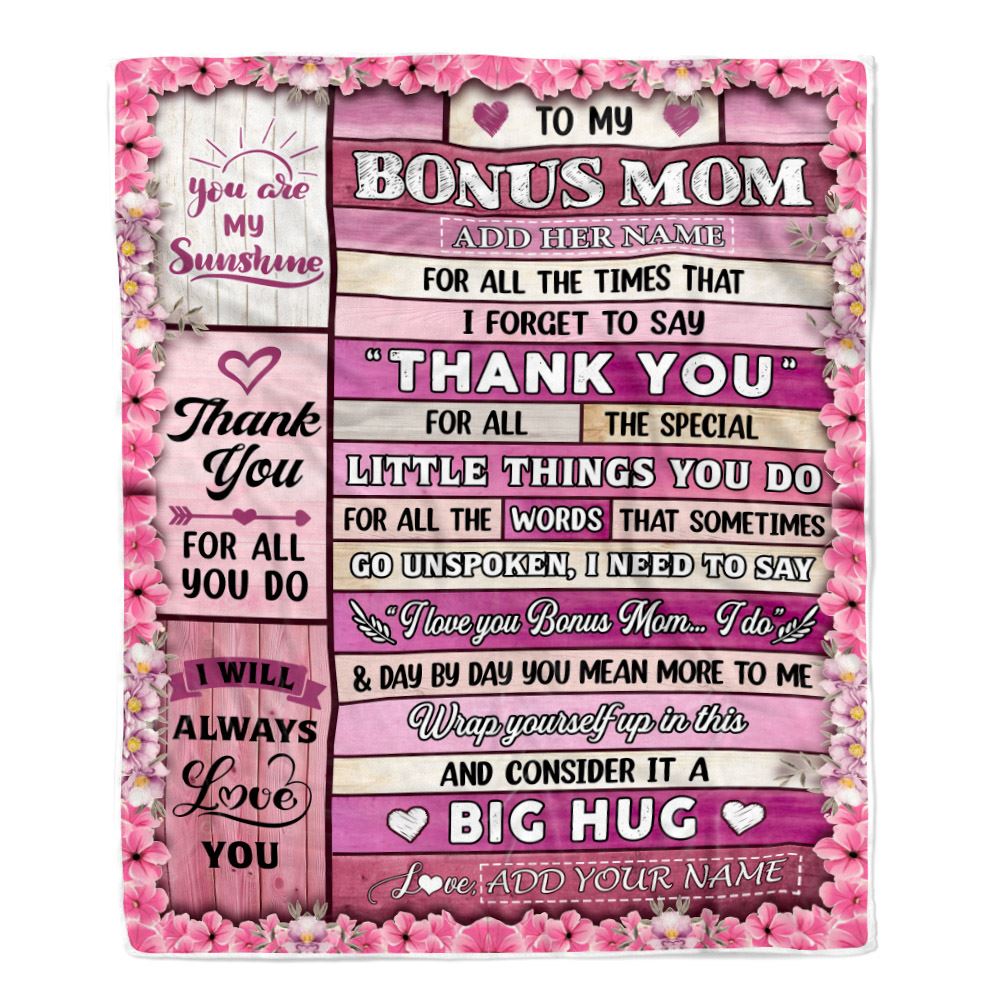 Personalized To My Bonus Mom Gifts Blanket From Daughter Wood Thank You Best Stepmom Birthday Gifts Mothers Day Christmas Custom Name Fleece Throw Blanket | teecentury