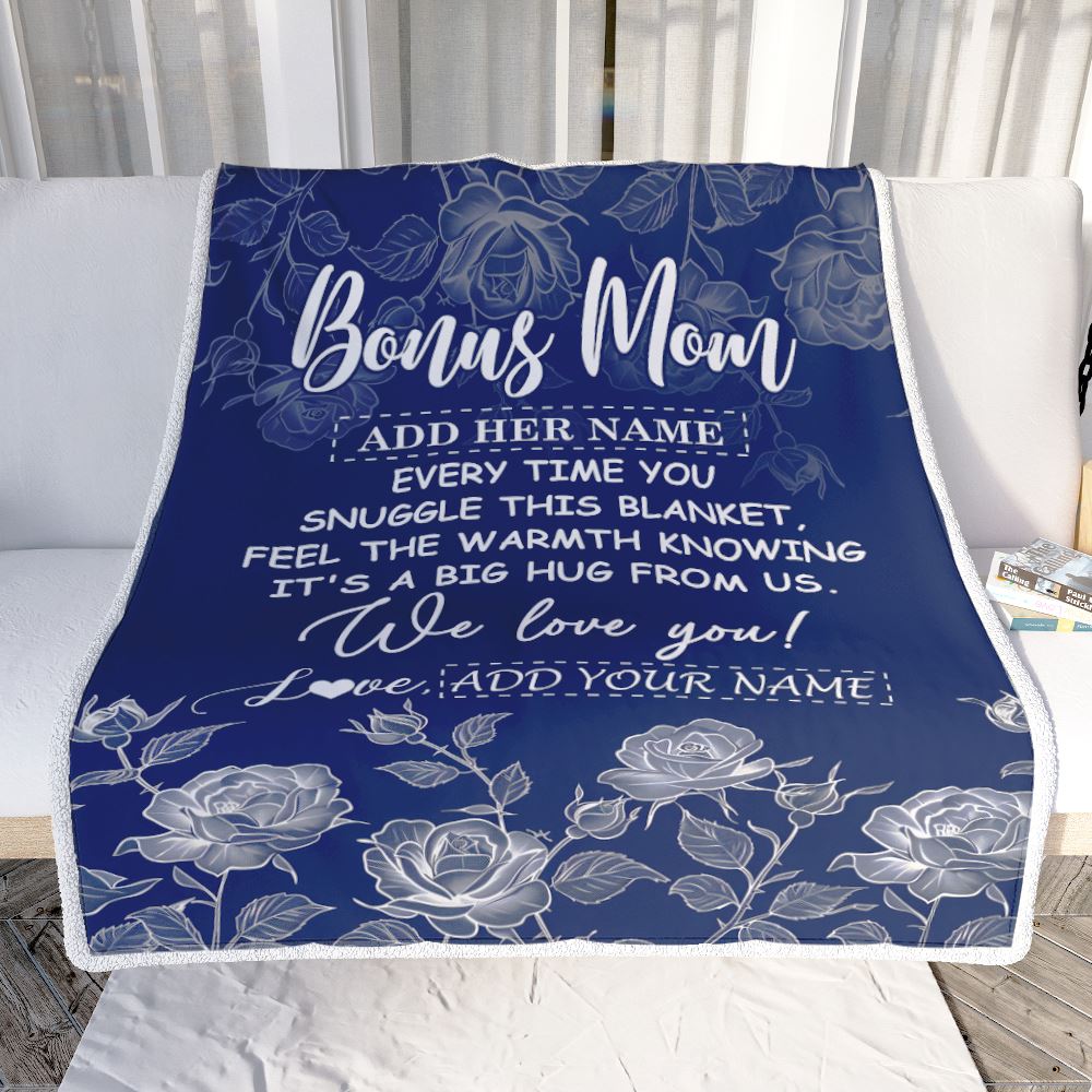 Personalized To My Bonus Mom Gifts Blanket From Stepdaughter Blue Flower Love You Birthday Gifts For Stepmom Mothers Day Christmas Stepmom Fleece Throw Blanket | teecentury