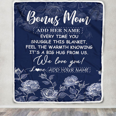 Personalized To My Bonus Mom Gifts Blanket From Stepdaughter Blue Flower Love You Birthday Gifts For Stepmom Mothers Day Christmas Stepmom Fleece Throw Blanket | teecentury