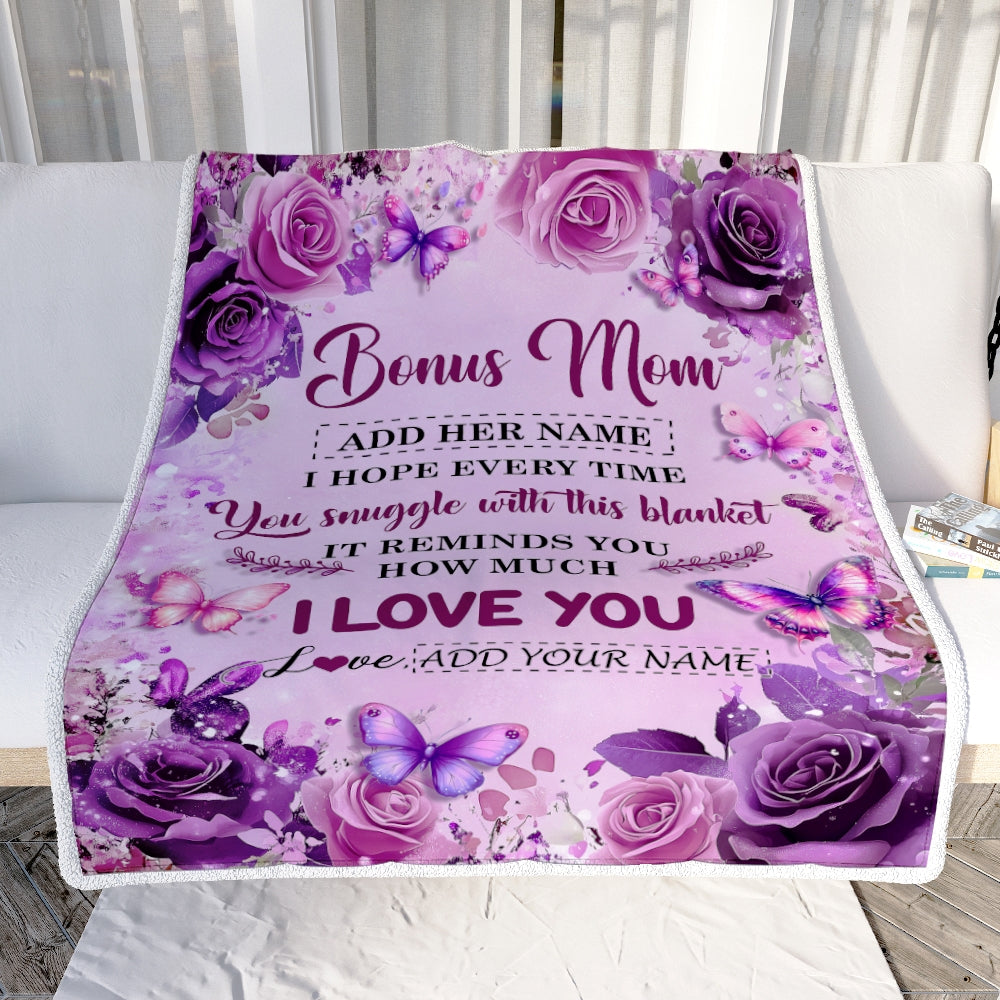 Personalized To My Bonus Mom Gifts Blanket From Stepdaughter Purple Floral Birthday Gifts For Stepmom Mothers Day Thanksgiving Christmas Custom Fleece Blanket | teecentury