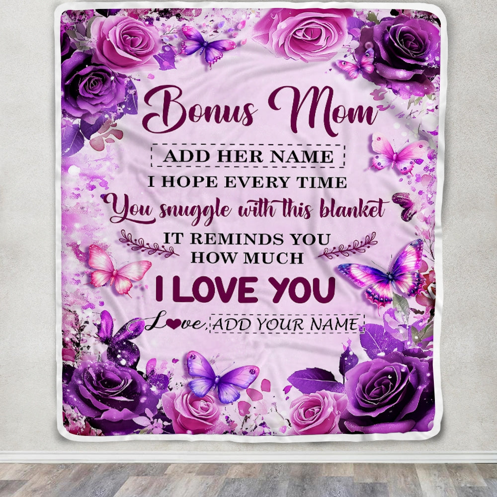 Personalized To My Bonus Mom Gifts Blanket From Stepdaughter Purple Floral Birthday Gifts For Stepmom Mothers Day Thanksgiving Christmas Custom Fleece Blanket | teecentury