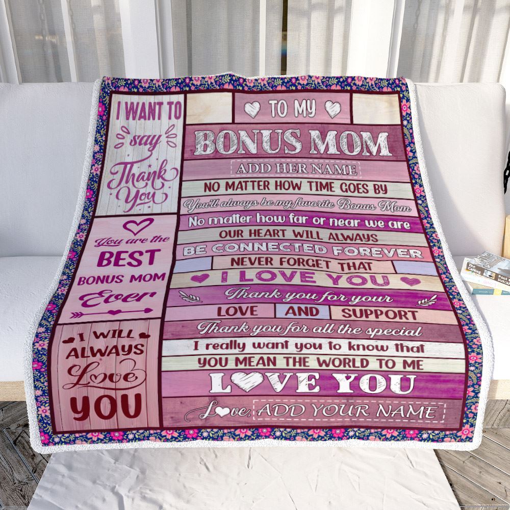 Personalized To My Bonus Mom Gifts Blanket From Stepdaughter Stepson Wood My Favorite Stepmom Birthday Gifts Mothers Day Christmas Customized Fleece Blanket | teecentury